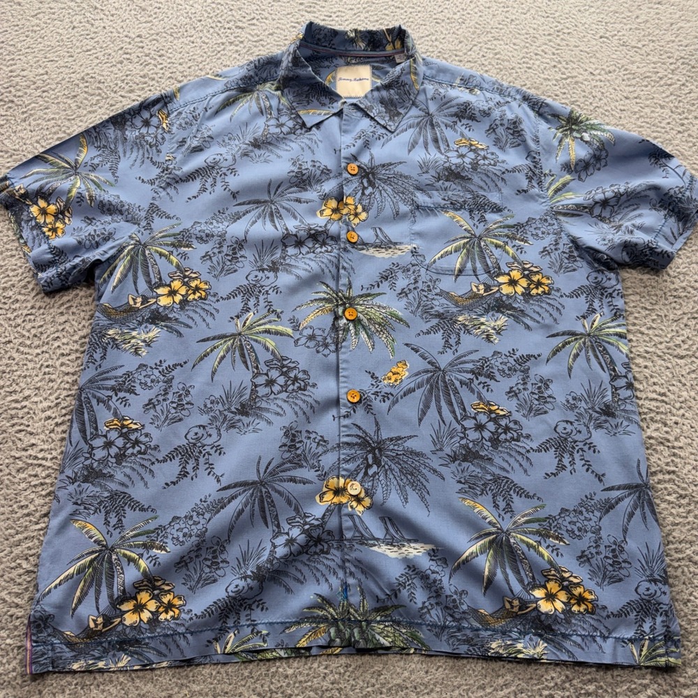 Tommy Bahama Silk Camp Shirt Mens XL Blue Tropical Palm Tree Floral Button Down